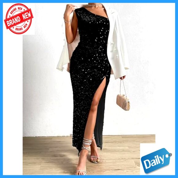 Sequin One Shoulder Bodycon Maxi Dress Elegant Formal Evening Party Gown - Picture 4 of 6